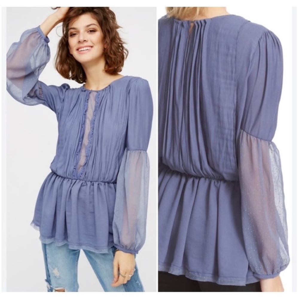 FREE PEOPLE Blue Flowy Sheer-Sleeve Peplum Long Sleeve Blouse Top